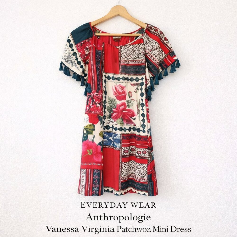 Anthro Vanessa Virginia Red Patchwork Tassel Boho Mini Dress XS